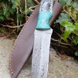 Couteau Skinner Lame Acier Damas 256 Couches Bubble Manche R&eacute;sine Etui SimiliCuir Fab Artisanale 00