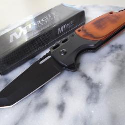 Couteau MTech Semi Automatique Lame Tanto Acier 3Cr13 Black Manche Bois Liner Lock Clip