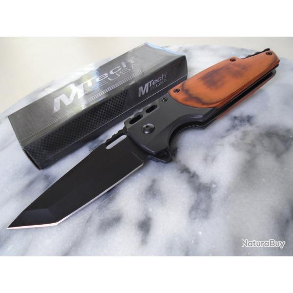 Couteau MTech Semi Automatique Lame Tanto Acier 3Cr13 Black Manche Bois Liner Lock Clip
