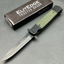Couteau ElitEdge Semi-Auto Stiletto Military Lame Acier 420C Manche Black/Green G10 Linerlock Clip01