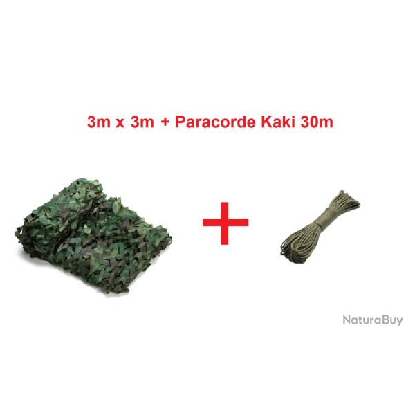Filet de camouflage Jungle vert 3m x 3m + Paracorde 30m Kaki - Livraison gratuite