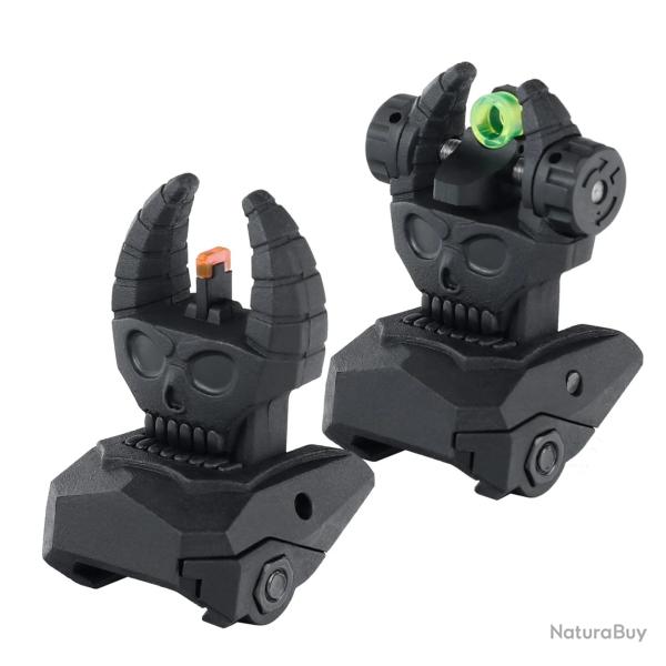 Hausse et guidon en fibre optique rabattable type AR15 tete de mort noir pour rail picatinny