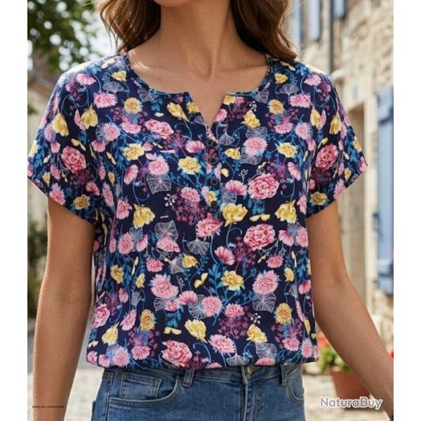 MAYFLOWER VICTOIRE1 Chemisier � manches courtes imprim� bleu et rose fluide et respirant