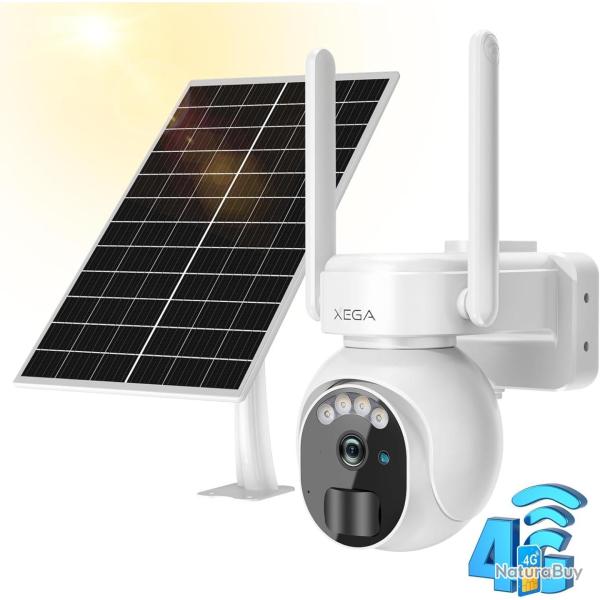 Cam�ra Solaire de Surveillance Ext�rieure Carte Sim 4G 2K HD Vision Nocturne Inclinable � 355�/90�