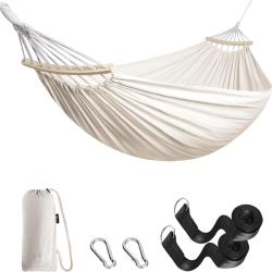 Hamac d'Ext&eacute;rieur avec Tige en Bois Courb&eacute;e 2,70x1,50m &Eacute;tui de Transport Charge 200kg Camping Blanc