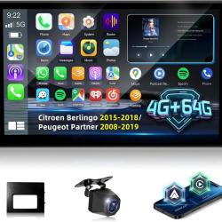 Autoradio 4+64G pour Citroen Berlingo 2015-2018/Peugeot Partner 2008-2019 avec Carplay et Android Au