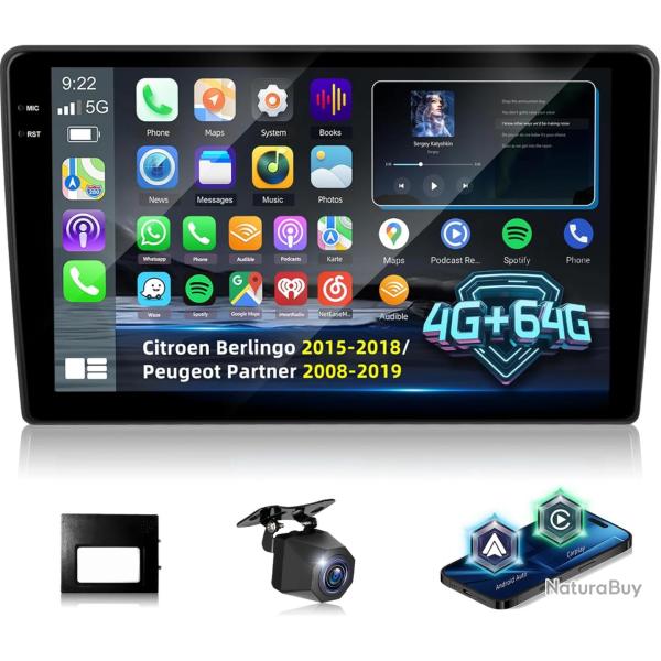Autoradio 4+64G pour Citroen Berlingo 2015-2018/Peugeot Partner 2008-2019 avec Carplay et Android Au
