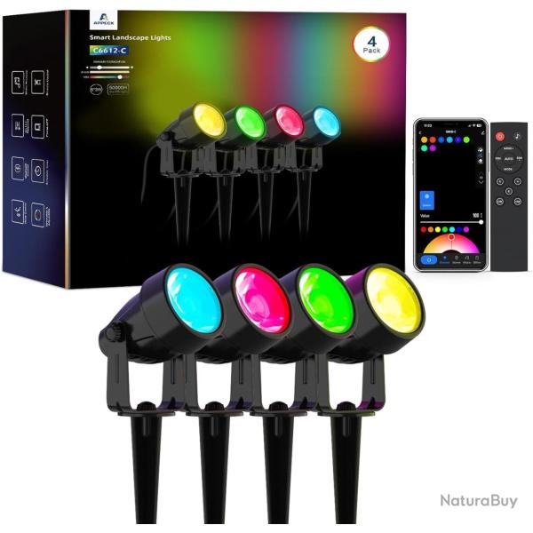 Spot LED Ext�rieur RGBW 12W, 4 Pi�ces Lampes Intelligentes avec Contr�le Vocal Alexa, 24V �tanche IP