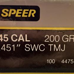 Ogives Speer plinker calibre 45 diam 451 200gr SWC TMJ x100