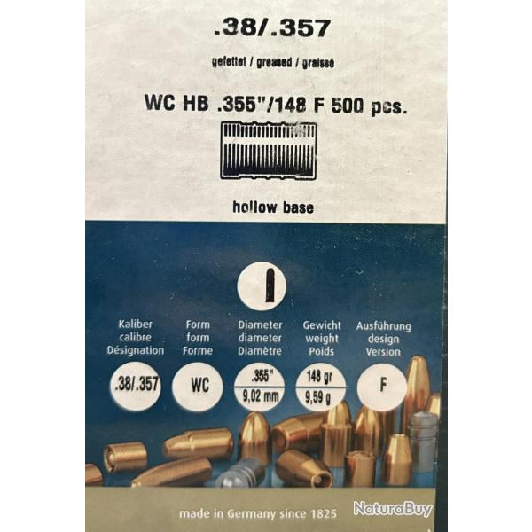 Ogives H&N sport calibre .38/.357 WC Graisses 355 diam 148gr x500