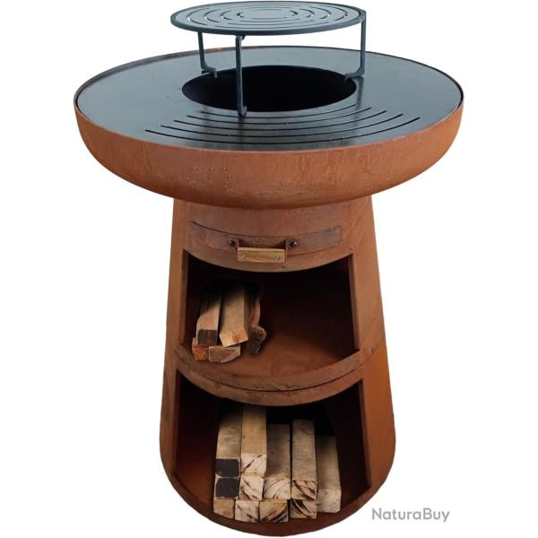 Barbecue Brasero Design 2-en-1 Acier Corten - � 60 cm Range-B�ches Grille Inox Housse LIVRAISON FREE