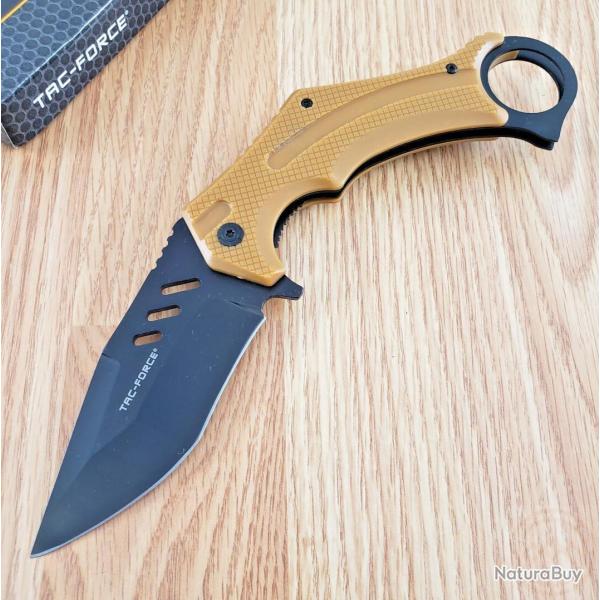 Couteau Semi Automatique Karambit Brown Lame Tanto Acier 3Cr13 Manche ABS Linerlock Clip Tac Force