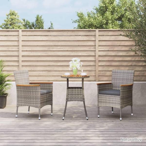 Ensemble de bistro de jardin 3 pcs coussins gris poly rotin