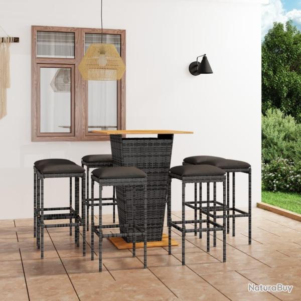Ensemble de bar de jardin 9 pcs et coussins R�sine tress�e Gris