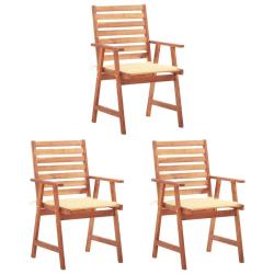 Chaises &agrave; manger d'ext&eacute;rieur lot de 3 et coussins Acacia massif