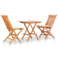 Ensemble de bistro 3pcs avec coussins cr&egrave;me Bois de teck massif