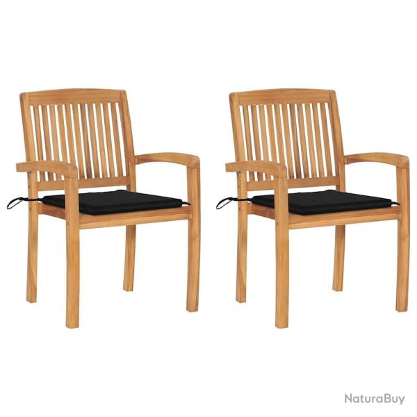 Chaises de jardin lot de 2 et coussins noir Bois de teck massif