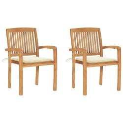 Chaises de jardin lot de 2 et coussins cr&egrave;me Bois teck massif