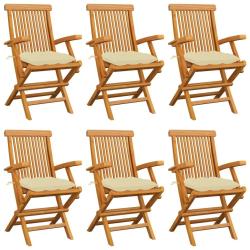 Chaises de jardin et coussins blanc cr&egrave;me lot de 6 Teck massif