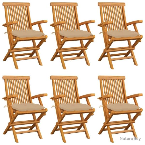 Chaises de jardin avec coussins beige lot de 6 Bois teck massif