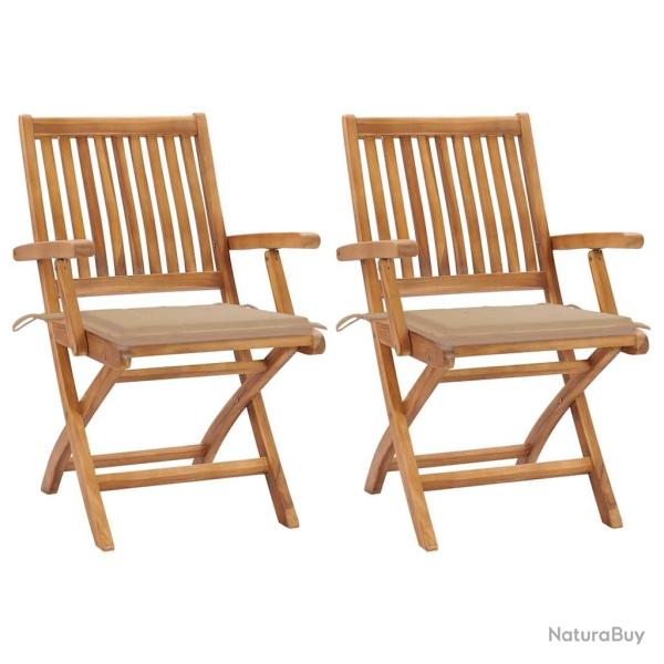 Chaises de jardin lot de 2 et coussins beige Bois teck massif