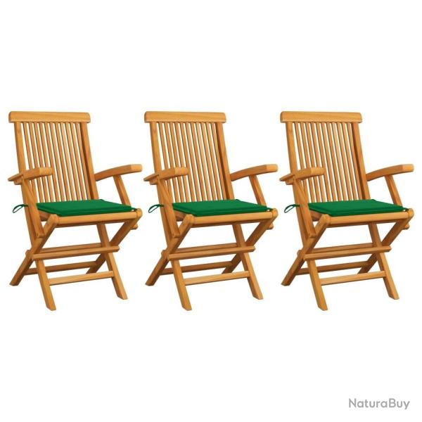 Chaises de jardin avec coussins vert lot de 3 Bois teck massif