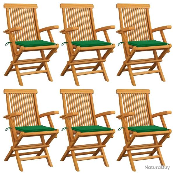 Chaises de jardin avec coussins vert lot de 6 Bois teck massif