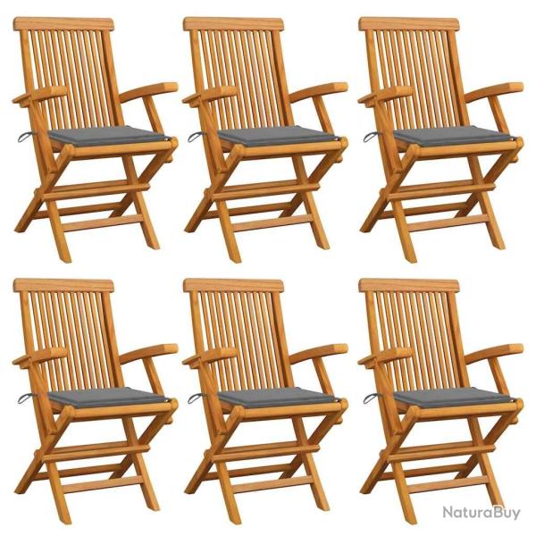 Chaises de jardin avec coussins gris lot de 6 Bois teck massif