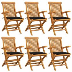 Chaises de jardin avec coussins noir lot de 6 Bois teck massif