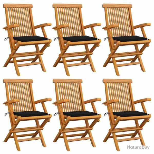 Chaises de jardin avec coussins noir lot de 6 Bois teck massif