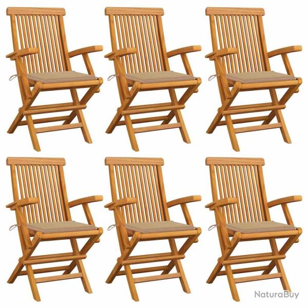 Chaises de jardin avec coussins beige lot de 6 Bois teck massif