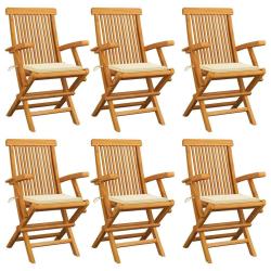 Chaises de jardin avec coussins cr&egrave;me lot de 6 Bois teck massif