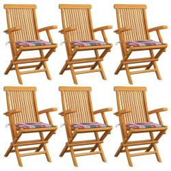 Chaises de jardin et coussins &agrave; carreaux rouge lot de 6 Teck