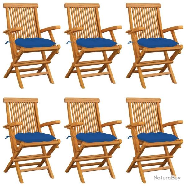 Chaises de jardin avec coussins bleu lot de 6 Bois teck massif