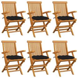 Chaises de jardin avec coussins noir lot de 6 Bois teck massif