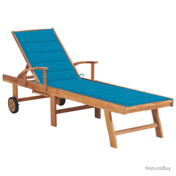 Chaise longue avec coussin bleu Bois de teck solide