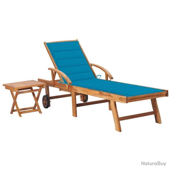 Chaise longue avec table et coussin Bois de teck solide
