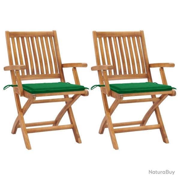 Chaises de jardin lot de 2 et coussins vert Bois de teck massif