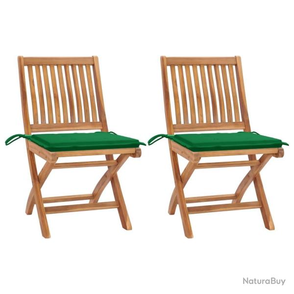 Chaises de jardin lot de 2 et coussins vert Bois de teck massif
