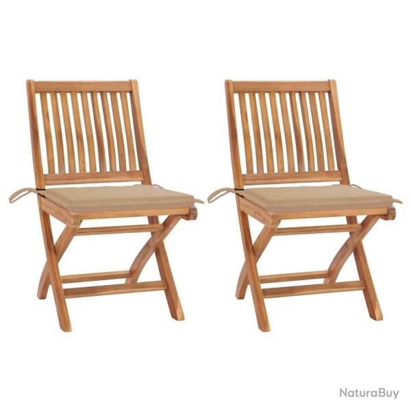 Chaises de jardin lot de 2 et coussins beige Bois teck massif
