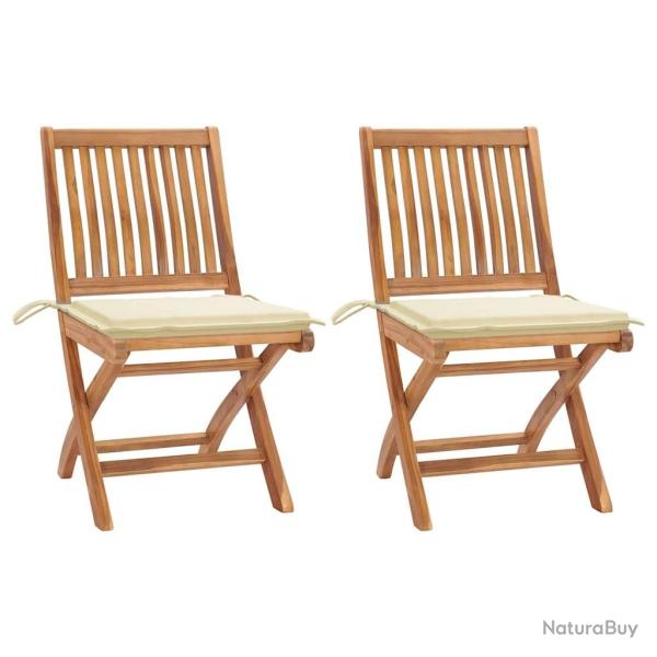 Chaises de jardin lot de 2 et coussins cr�me Bois teck massif