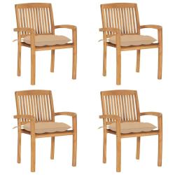 Chaises de jardin empilables avec coussins lot de 4 Teck solide
