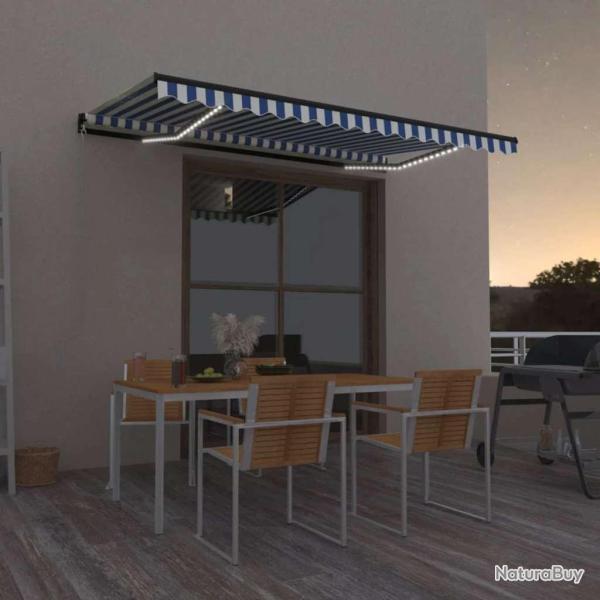 Auvent manuel r�tractable avec LED 450x300 cm Bleu et blanc