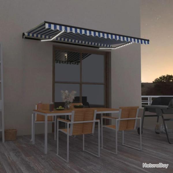 Auvent manuel r�tractable avec LED 400x350 cm Bleu et blanc