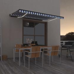 Auvent manuel r&eacute;tractable avec LED 450x350 cm Bleu et blanc