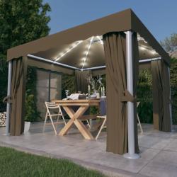 Tonnelle avec rideau et guirlande lumineuse &agrave; LED 3x3 m Taupe