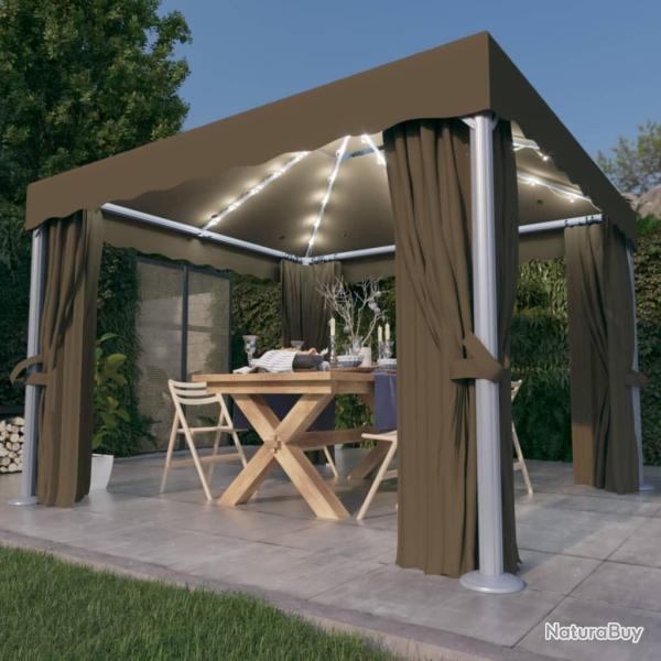 Tonnelle avec rideau et guirlande lumineuse � LED 3x3 m Taupe