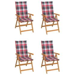 Chaises de jardin lot de 4 et coussins &agrave; carreaux rouge Teck