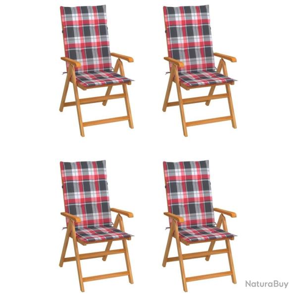 Chaises de jardin lot de 4 et coussins � carreaux rouge Teck