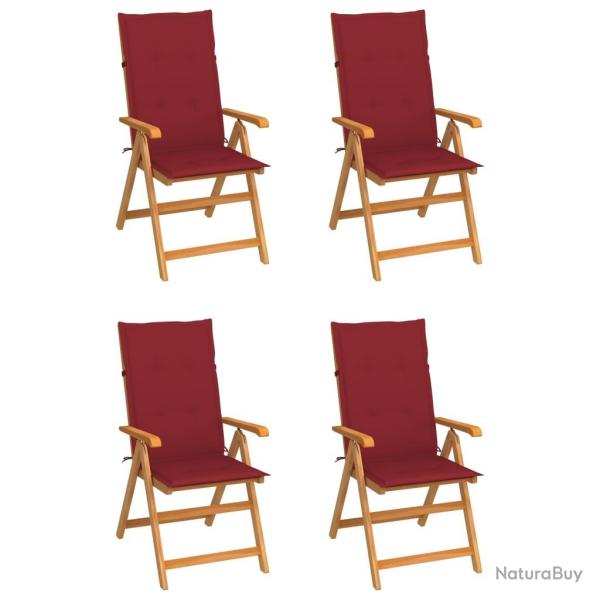 Chaises de jardin lot de 4 avec coussins bordeaux Teck solide